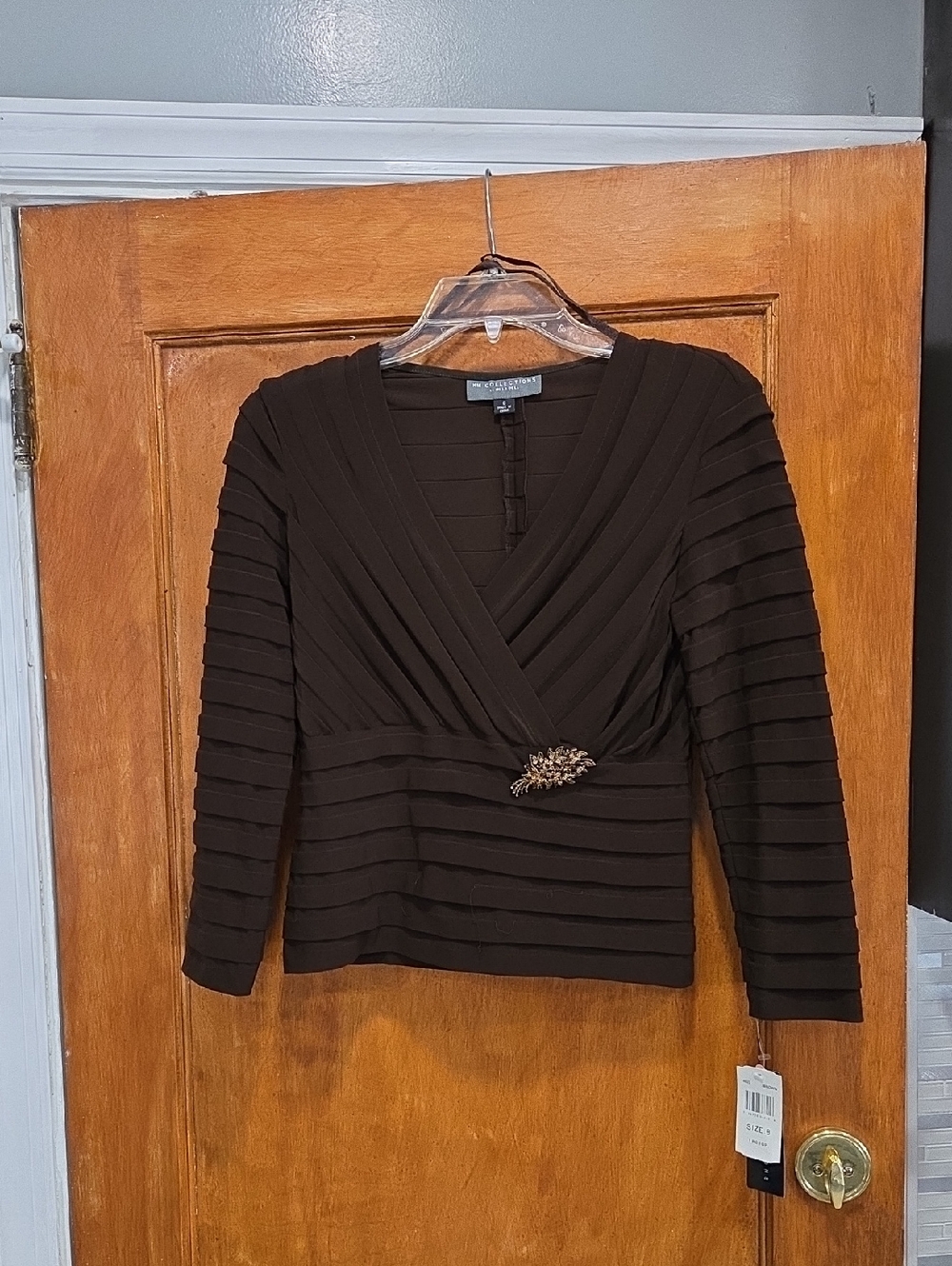 Pisarro Nights Chocolate Brown Pleated Wrap Blouse with Decorative Brooch